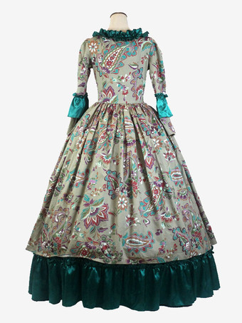 グリーンレトロ衣装フリルポリエステル花柄ドレス女性のマリーアントワネット衣装レトロチュニックパーティーウエディングドレス