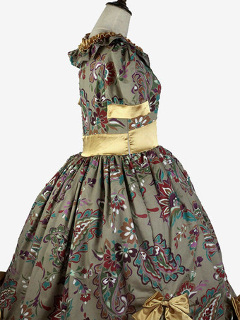 ライトブラウンレトロ衣装女性の花柄フリル弓ポリエステルチュニックドレスマリーアントワネット衣装ロイヤルヴィンテージ服