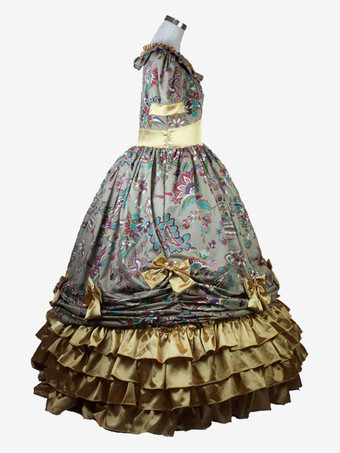 ライトブラウンレトロ衣装女性の花柄フリル弓ポリエステルチュニックドレスマリーアントワネット衣装ロイヤルヴィンテージ服