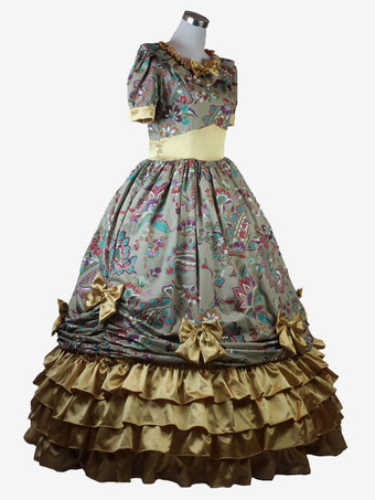 ライトブラウンレトロ衣装女性の花柄フリル弓ポリエステルチュニックドレスマリーアントワネット衣装ロイヤルヴィンテージ服