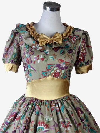 ライトブラウンレトロ衣装女性の花柄フリル弓ポリエステルチュニックドレスマリーアントワネット衣装ロイヤルヴィンテージ服