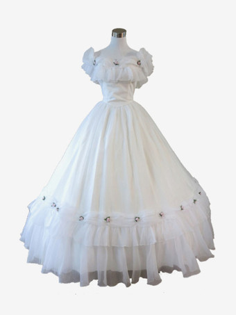 ホワイトレトロコスチュームフリルポリエステルドレス女性のレトロチュニックマリーアントワネット衣装 18 世紀の衣装