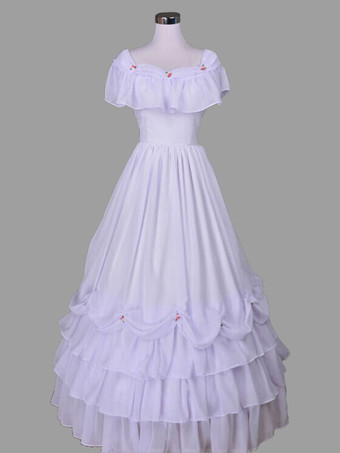 ホワイトレトロコスチュームフリルポリエステルドレス女性のレトロチュニックマリーアントワネット衣装 18 世紀の衣装