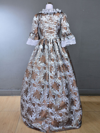 ライトグレーレトロ衣装フリルポリエステル花柄マリーアントワネット衣装ドレス女性のロイヤルチュニック 18 世紀衣装