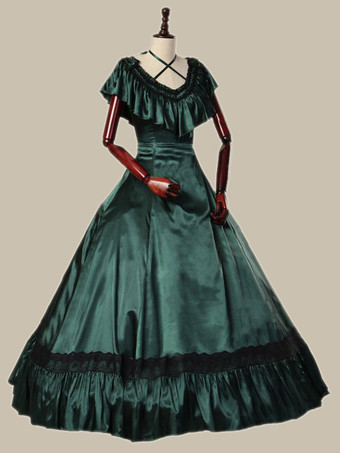 ダークグリーン レトロ コスチューム フリル マリー アントワネット コスチューム ポリエステル ドレス 女性用 レトロ チュニック 18 世紀 コスチューム