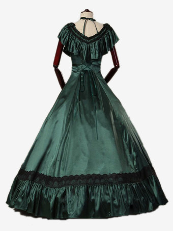 ダークグリーン レトロ コスチューム フリル マリー アントワネット コスチューム ポリエステル ドレス 女性用 レトロ チュニック 18 世紀 コスチューム