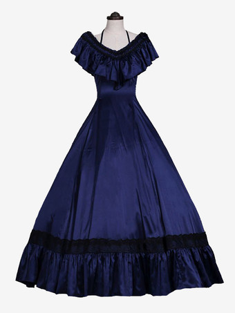 ディープブルーダークグリーン レトロ コスチューム フリル マリー アントワネット コスチューム ポリエステル ドレス 女性用 レトロ チュニック 18 世紀 コスチューム