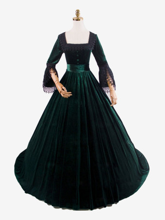 ダークグリーンディープブルーレトロコスチュームレースポリエステルマリーアントワネット衣装ドレス女性のレトロチュニックヴィンテージ服