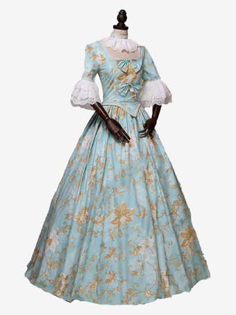 ライトスカイブルーレトロ衣装弓ポリエステル花柄ドレス女性のマリーアントワネット衣装ロイヤルチュニック仮装ボールガウン