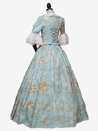 ライトスカイブルーレトロ衣装弓ポリエステル花柄ドレス女性のマリーアントワネット衣装ロイヤルチュニック仮装ボールガウン