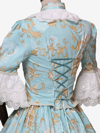 ライトスカイブルーレトロ衣装弓ポリエステル花柄ドレス女性のマリーアントワネット衣装ロイヤルチュニック仮装ボールガウン