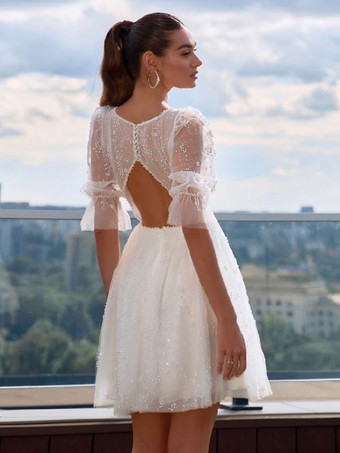 ショートウェディングドレス Vネック 半袖 Aライン ショートブライダルガウン