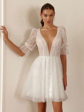 ショートウェディングドレス Vネック 半袖 Aライン ショートブライダルガウン