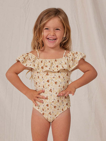 Kinder-Badeanzüge  gelber Blumendruck  ärmellos  Jewel Neck Resort Wear  Strandmode