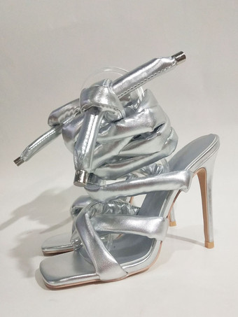 シルバー 女性のためのグレーのハイヒール サンダル レースアップ グラディエーター サンダル