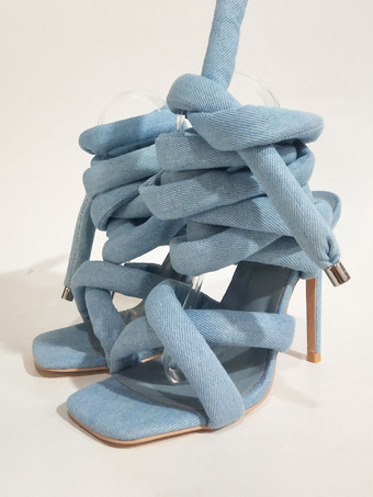 ベビーブルー女性のためのグレーのハイヒール サンダル レースアップ グラディエーター サンダル