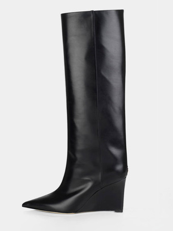 ブラック ゴールド ニーハイ ブーツ シックなポインテッドトゥ ウェッジヒール ブーツ