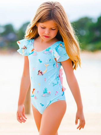 Kids Swimsuits Blue Beach Animal Print Sleeveless Jewel Neck Swimwear