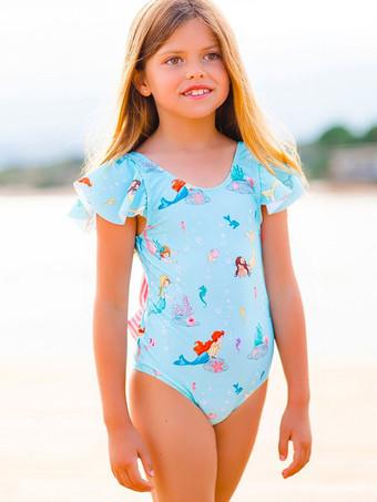 Kids Swimsuits Blue Beach Animal Print Sleeveless Jewel Neck