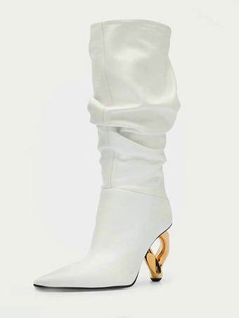 ホワイト レディース ミッドカーフブーツ シルバー ポインテッドトゥ 特殊形状ヒール スラウチブーツ