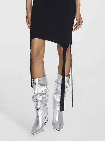 レディース ミッドカーフブーツ シルバー ポインテッドトゥ 特殊形状ヒール スラウチブーツ