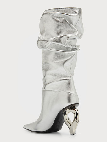 レディース ミッドカーフブーツ シルバー ポインテッドトゥ 特殊形状ヒール スラウチブーツ