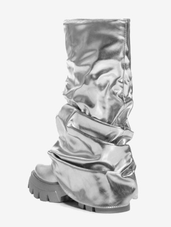 シルバー スラウチ ブーツ レディース ラウンドトゥ フラット ブーティ