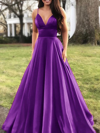 パープル エレガントなマキシドレス スパゲッティストラップ Vネック エンパイアウエスト プロムドレス