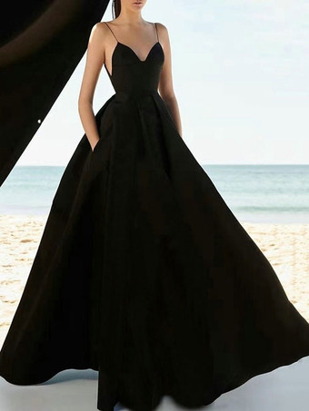 ブラック エレガントなマキシドレス スパゲッティストラップ Vネック エンパイアウエスト プロムドレス