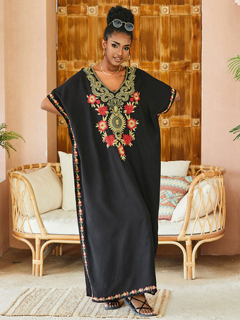 ブラック 女性カバーアップブラックプリントスプリットフロント V ネック半袖特大夏セクシーな水着