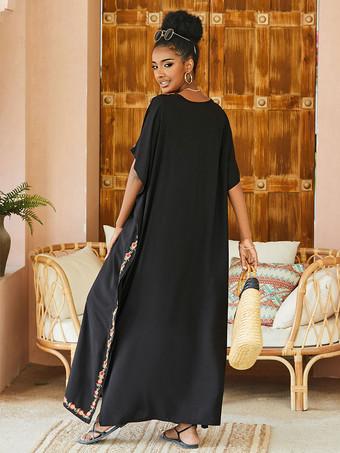 女性カバーアップブラックプリントスプリットフロント V ネック半袖特大夏セクシーな水着