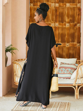 女性カバーアップブラックプリントスプリットフロント V ネック半袖特大夏セクシーな水着