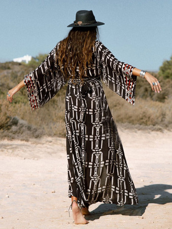 女性カバーアップブラック幾何学的なスプリットフロント V ネック長袖ハイスリット夏セクシーな水着