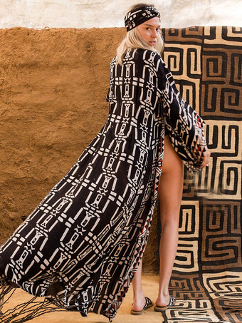 女性カバーアップブラック幾何学的なスプリットフロント V ネック長袖ハイスリット夏セクシーな水着