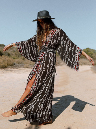 女性カバーアップブラック幾何学的なスプリットフロント V ネック長袖ハイスリット夏セクシーな水着