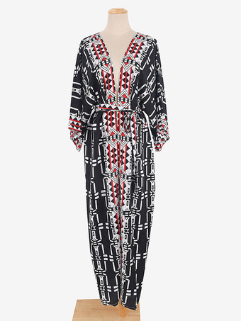 女性カバーアップブラック幾何学的なスプリットフロント V ネック長袖ハイスリット夏セクシーな水着