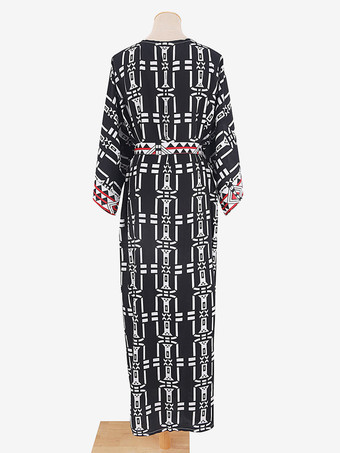 女性カバーアップブラック幾何学的なスプリットフロント V ネック長袖ハイスリット夏セクシーな水着