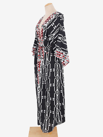 女性カバーアップブラック幾何学的なスプリットフロント V ネック長袖ハイスリット夏セクシーな水着