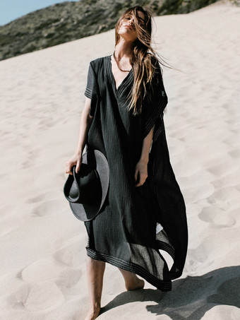 ブラック 女性カバーアップ ブラック スプリット フロント V ネック ハーフスリーブ ロースリット 夏セクシーな水着