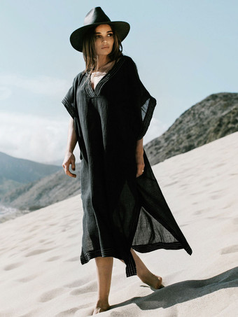 女性カバーアップ ブラック スプリット フロント V ネック ハーフスリーブ ロースリット 夏セクシーな水着