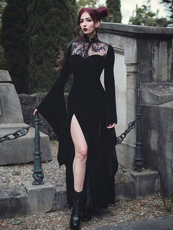 Vestido preto gótico sino mangas compridas renda vestido Lolita