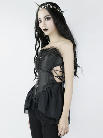 ロリータ コルセット 女性用 ブラック レースアップ レース ポリエステル