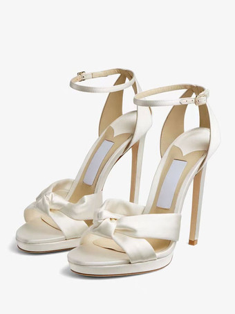 Satin Wedding Shoes White Prom Shoes Open Toe Ankle Strap High Heel Sandals