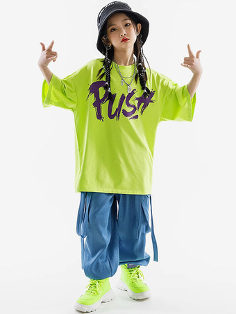 ヒップホップダンス衣装子供用グラスグリーンユニセックストップパンツセットヒップホップコットンストリートダンス衣装