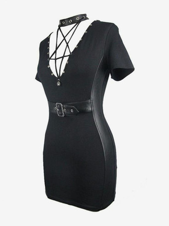   ゴシックロリータパンクドレスグロメットブラックドレス