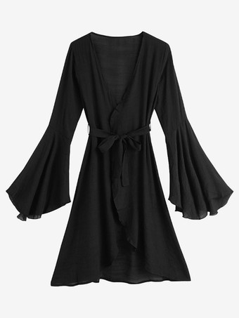 女性のためのカバーアップ ホワイト スプリット フロント V ネック長袖夏セクシーな水着