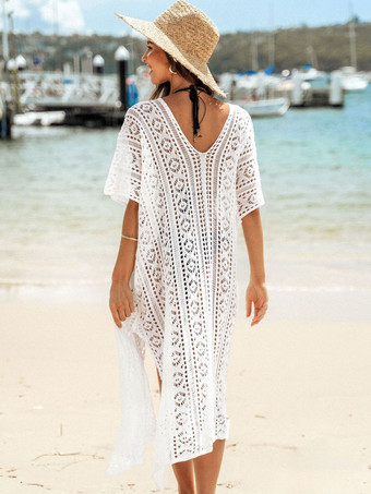 女性のためのカバーアップ ホワイト スプリット フロント V ネック 半袖 ハイスリット サマー ビーチ 水着