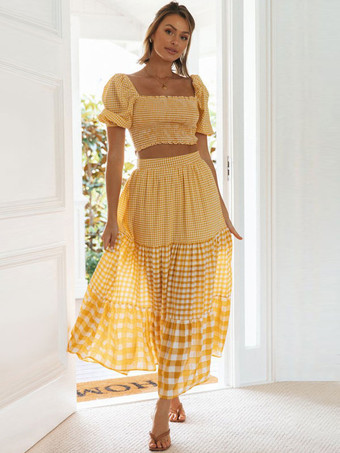 Conjunto de saias amarelo elegante xadrez resort wear conjuntos de duas peças