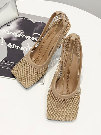 肌色ブラック ヒール サンダル メッシュ スクエア トゥ スティレットヒール サンダル