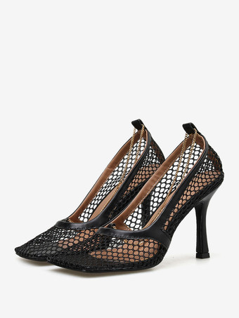 ブラック ブラック ヒール サンダル メッシュ スクエア トゥ スティレットヒール サンダル